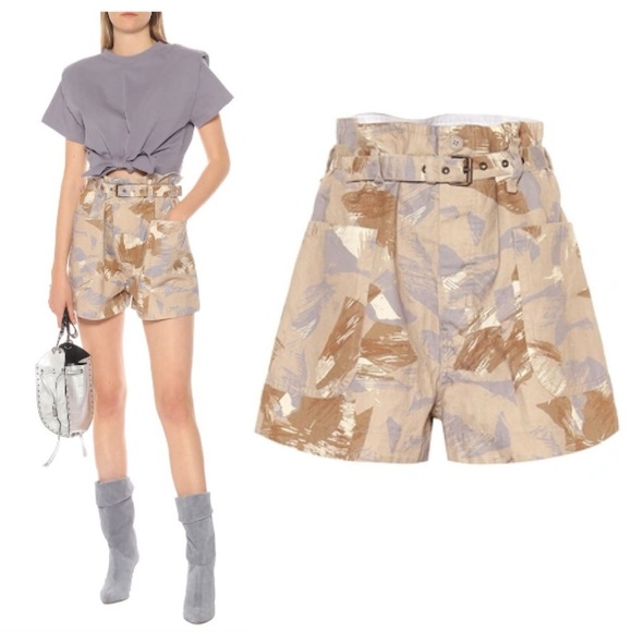 Isabel Marant ILIANY CAMOUFLAGE COTTON-BLEND SHORTS IN BEIGE 38 Linen Belted - Picture 1 of 13